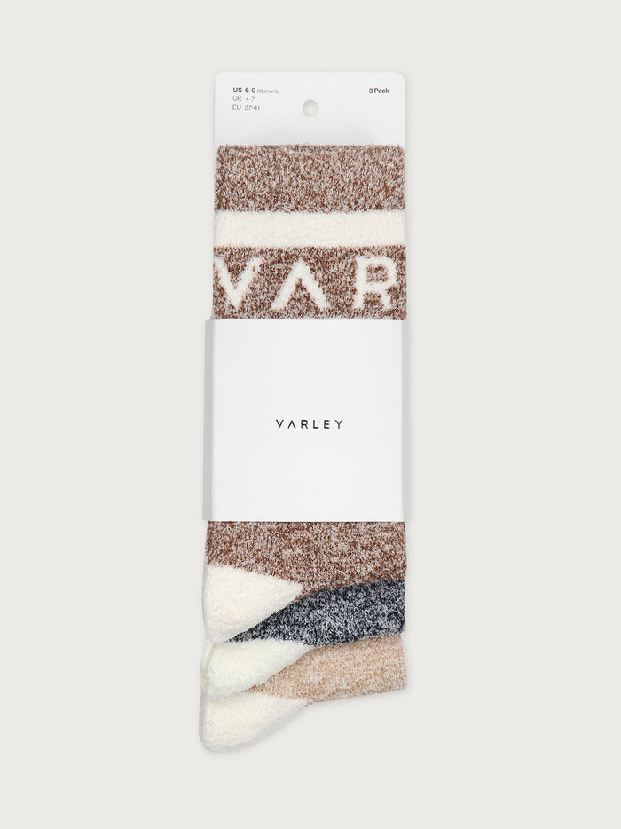 Acorn/ Charcoal/ Sand|Spencer Sock 3 Pack Marl in bouclé-effect yarn with Marl, Varley logo stripe, and contrast heel/toe; ideal for cooler weather and at-home padding.