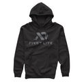 Black hoodie with a gray First Lite logo, hood with drawstrings, and a kangaroo pocket.