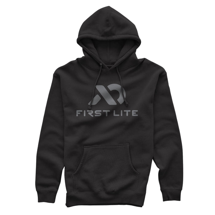Black hoodie with a gray First Lite logo, hood with drawstrings, and a kangaroo pocket.