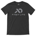 Dark heather grey t-shirt with alight grey  First Lite logo and text on the front.
