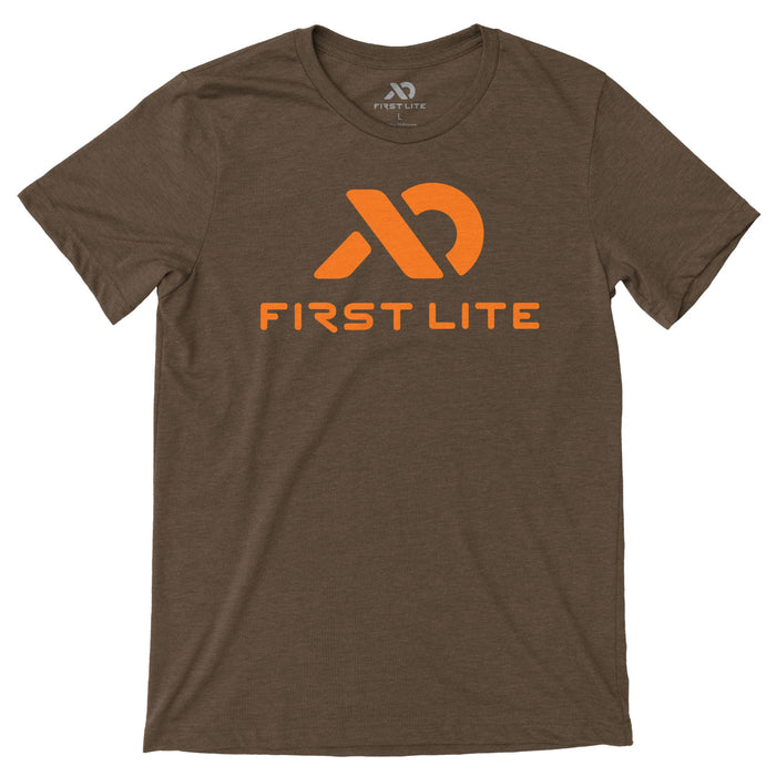 Heather brown t-shirt with an orange First Lite logo and text on the front.