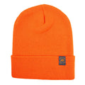 Orange ribbed knit beanie with a folded cuff and a black square patch featuring an orange FIRST LITE logo.