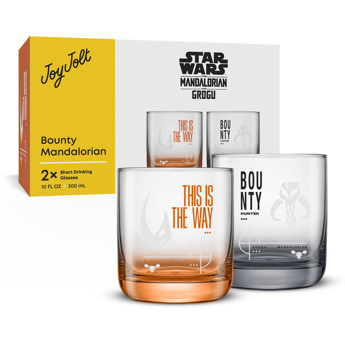 Star Wars The Mandalorian short drinking glasses set showing Bounty and This Is The Way designs