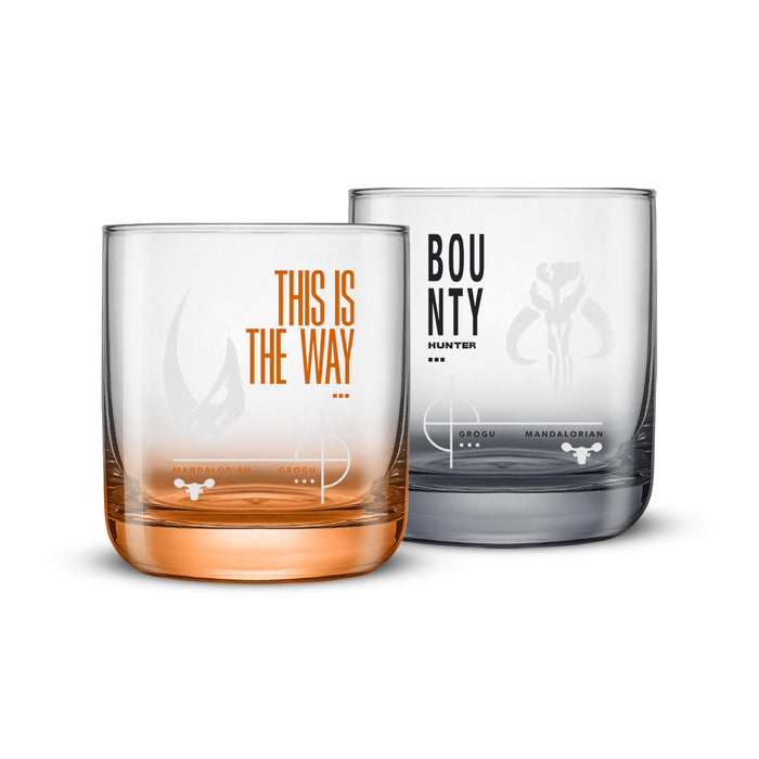 Front view of Star Wars Mandalorian 10oz drinking glasses with weighted ombre bases