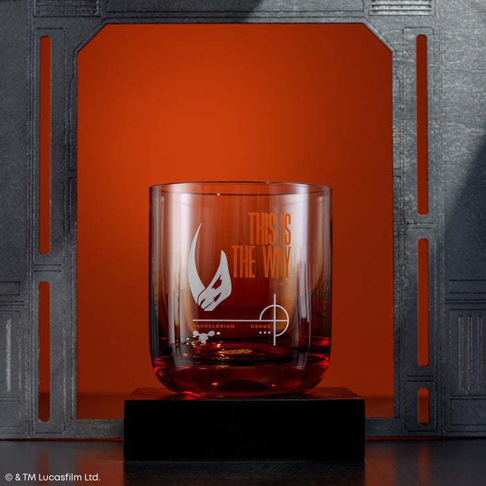 Close-up of The Mandalorian glassware featuring iconic franchise artwork
