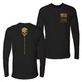 Black long-sleeve shirt with skull design on the back and text on the front, displayed on a white background.