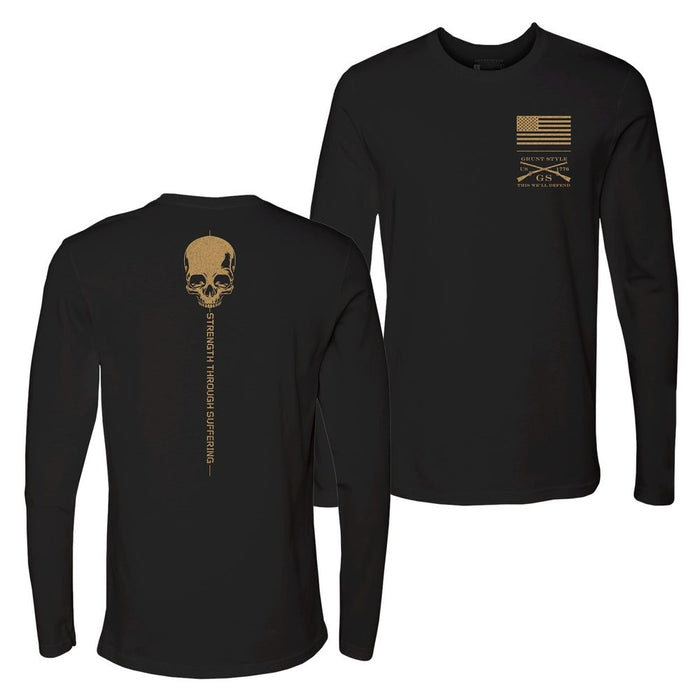 Black long-sleeve shirt with skull design on the back and text on the front, displayed on a white background.