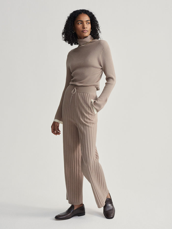 Fungi|Simeon Wide Rib Knit Trouser, straight-leg with high drawcord waist and side entry pockets; viscose blend with ribbed texture.