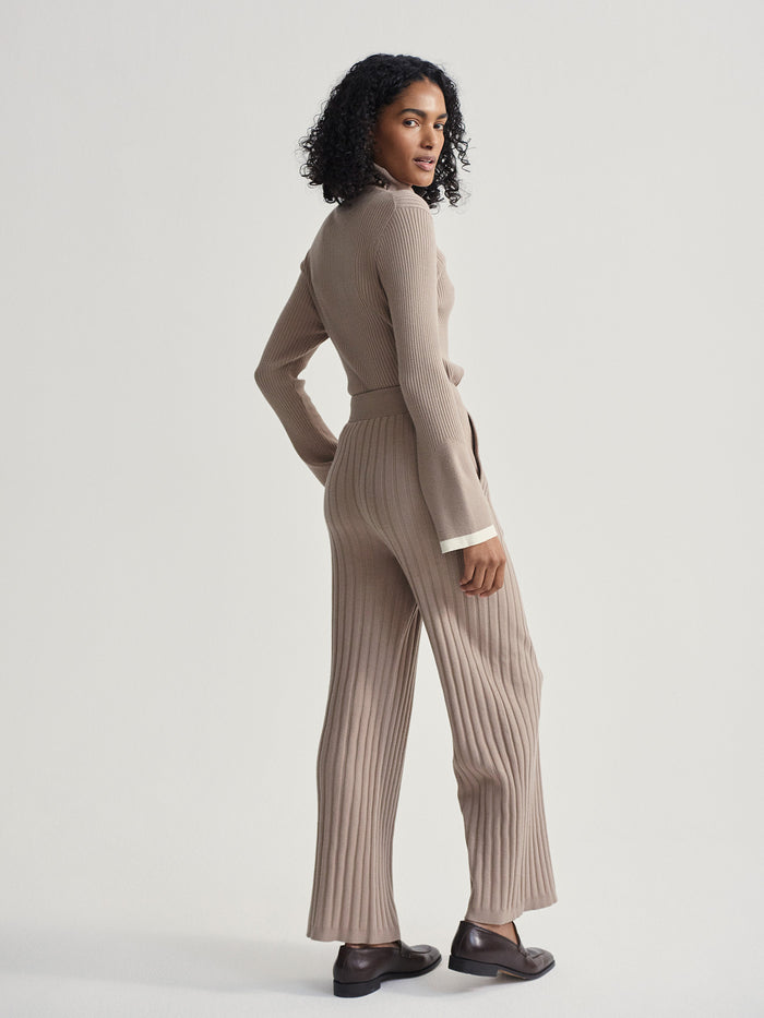 Fungi|Varley Simeon Wide Rib Knit Trouser in Fungi, full-length view showcasing a relaxed fit and wide rib knit texture.