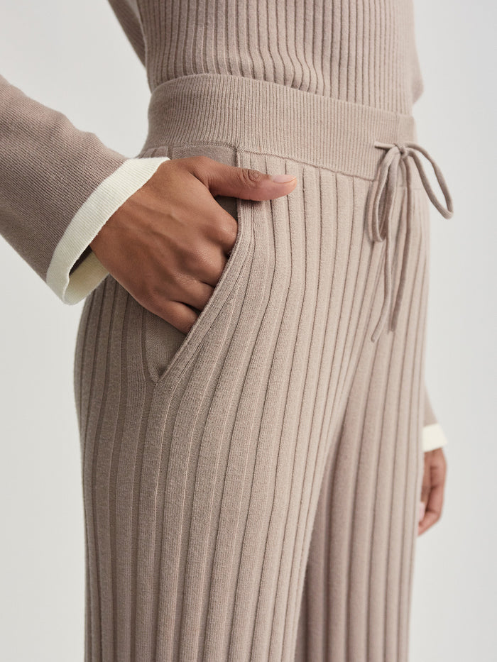Fungi|Simeon Wide Rib Knit Trouser in Fungi color, front view showing a relaxed wide-leg silhouette and rib-knit fabric.