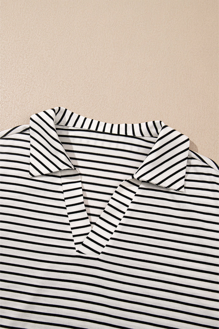 Stripe Collared V-Neck Tee & Shorts Set