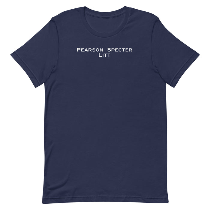 Close-up of Suits Pearson Specter Litt graphic print on t-shirt