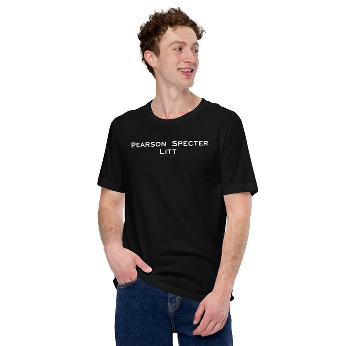 Side-seamed construction detail of Suits graphic tee