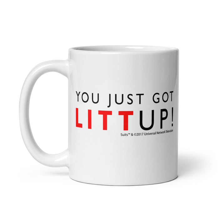 Suits You Just Got Litt Up! Ceramic Mug front view showing Louis Litt catchphrase