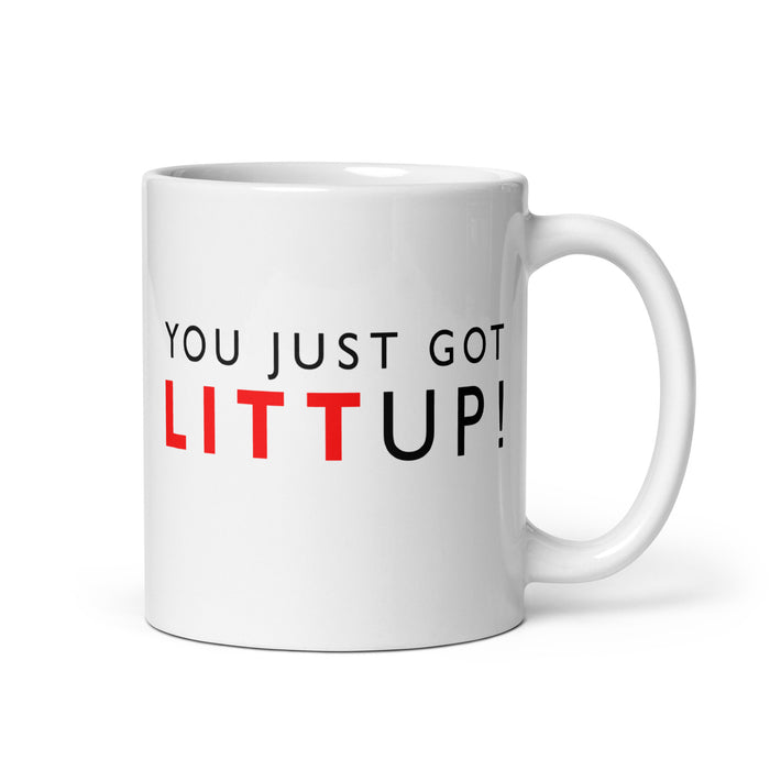 Suits You Just Got Litt Up! Mug side profile showing ceramic handle and build