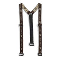Brown First Lite Y-back suspenders with repeated logos, adjustable buckles, and black clips.