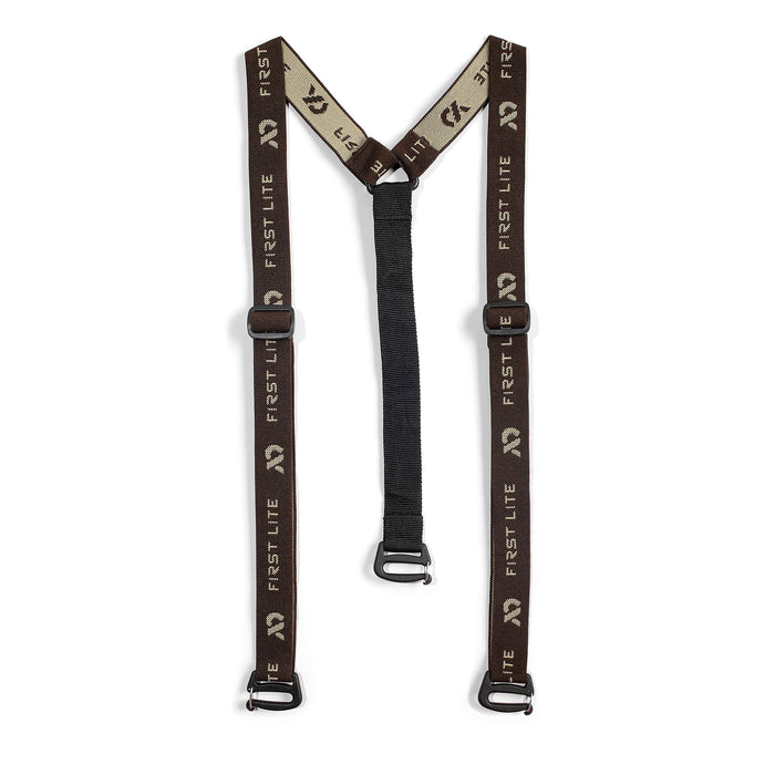 Brown First Lite Y-back suspenders with repeated logos, adjustable buckles, and black clips.