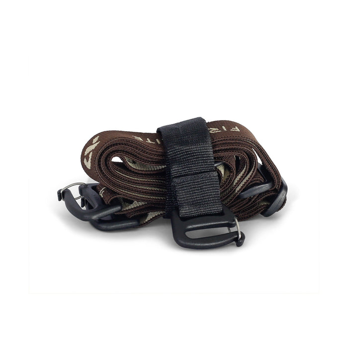 Brown webbing strap with light patterned text, rolled and held by a black keeper loop, featuring black plastic buckles, one with an attached metal ring.