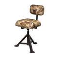 Adjustable height hunting chair with camouflage fabric, swivel seat, dark tripod base, and a three-line logo on the backrest.