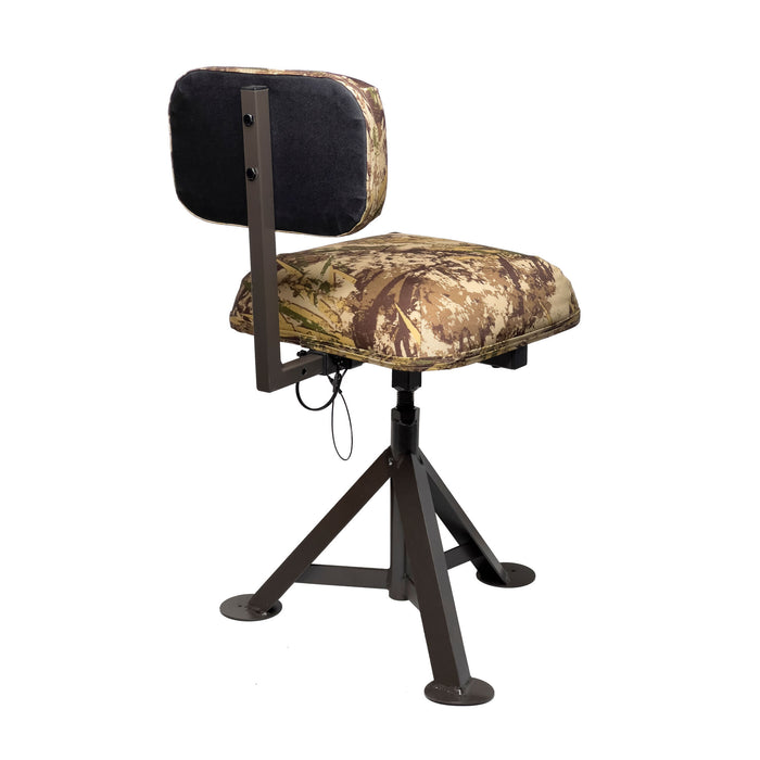 Padded camouflage swivel hunting chair with a dark brown metal frame, backrest, and tripod base with flat feet.