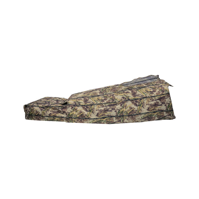 Tanglefree camouflage layout blind with a low profile and mesh head cover.