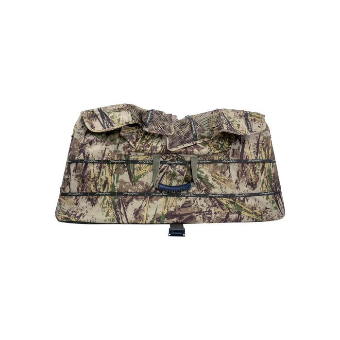 Camouflage Tanglefree layout hunting blind with a mesh top, black carry handle, and horizontal straps.