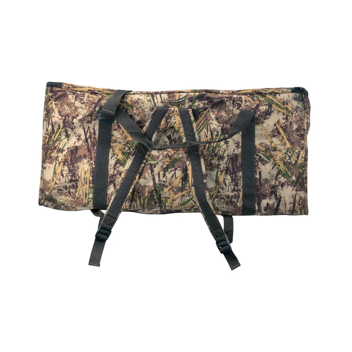 Green and brown camouflage duffel bag with black carry handles, backpack straps, and a zippered top.
