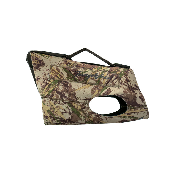 Camo protective dog vest with a grab handle and a leg opening.