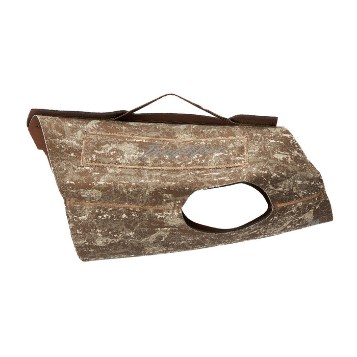 Brown camouflage dog vest with a top grab handle, leg openings, and the Tanglefree logo.