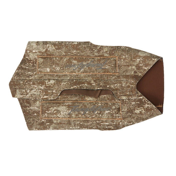 Brown camouflage dog vest, folded to reveal 'Tanglefree' embroidered patches, a brown strap, and dark brown interior lining.