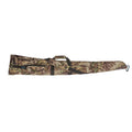 Brown and green camouflage soft gun case with a carry handle, shoulder strap, zippered pocket, and carabiner clip.