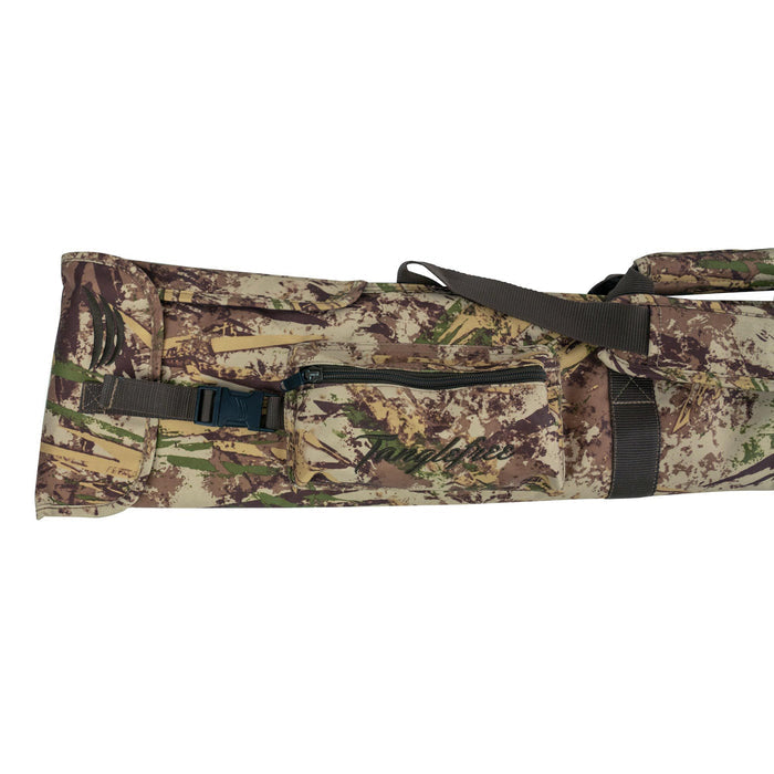 Camouflage rifle case with padded shoulder strap, zippered pocket, quick-release buckle, and claw logo.