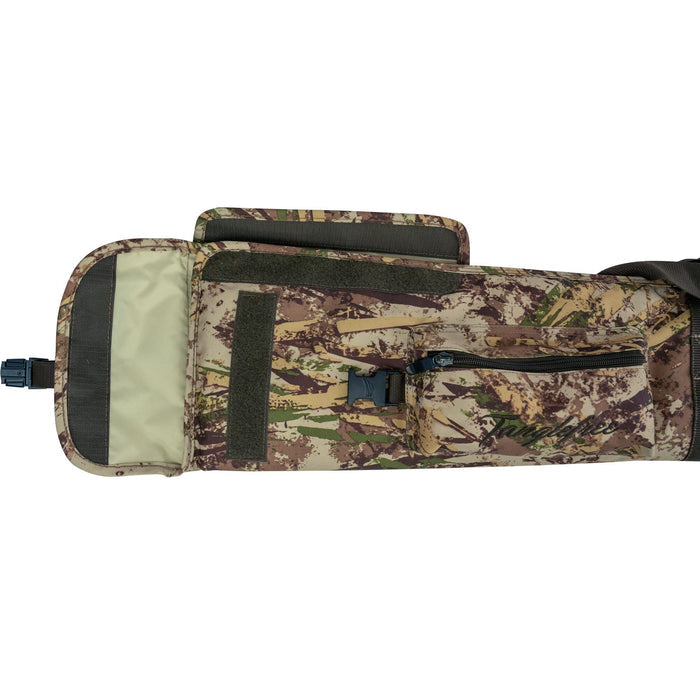 Camouflage patterned soft rifle case, partially open, revealing a light tan interior, with an external zippered pocket, black buckles, and velcro closures.