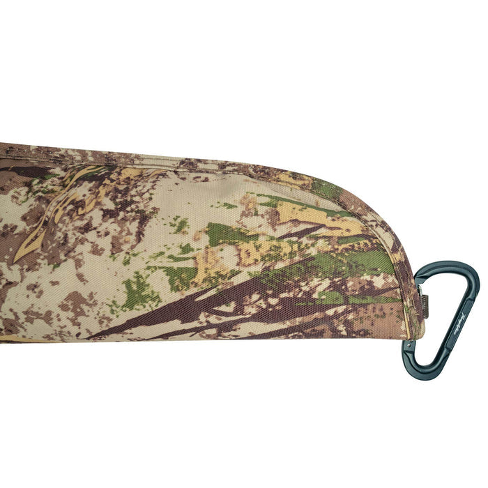 Camouflage protective case with a black carabiner attached to its rounded end.