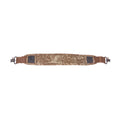 Brown camouflage padded shoulder strap with black swivels on both ends.