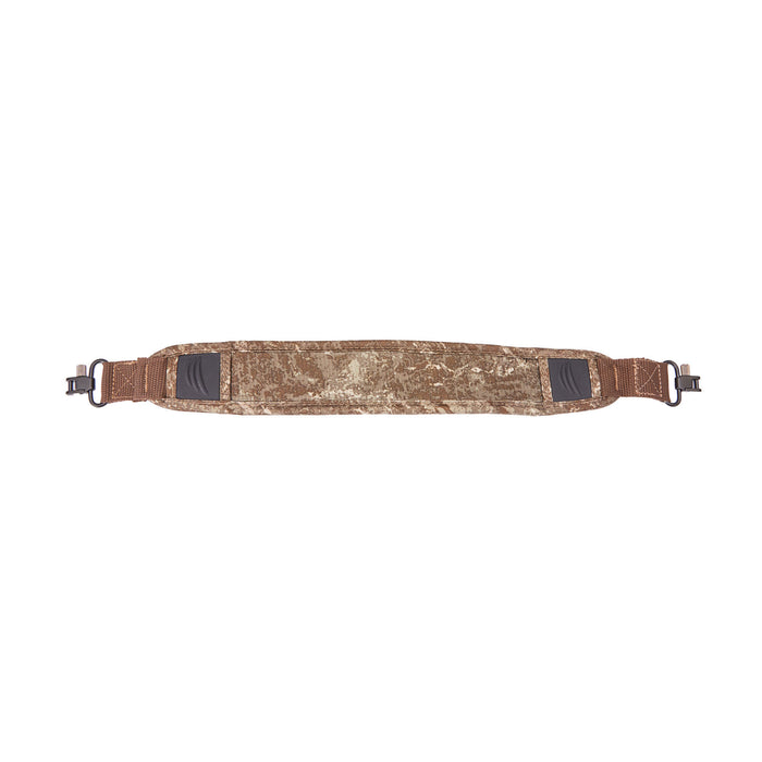 Brown camouflage padded shoulder strap with black swivels on both ends.