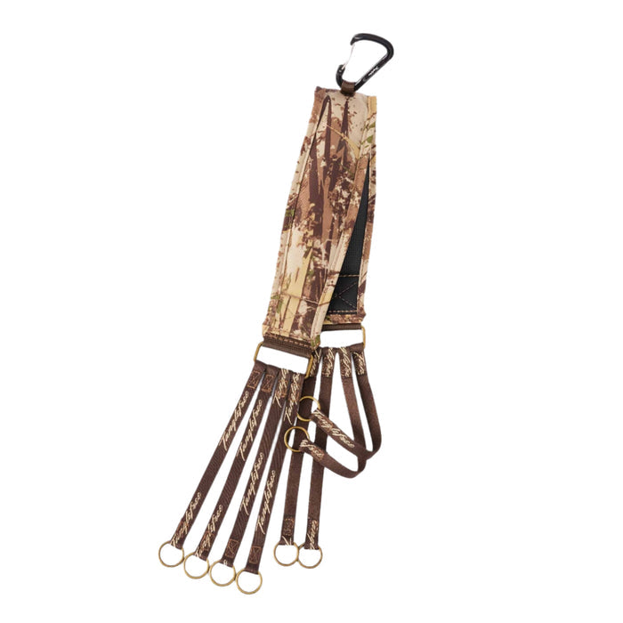 Camouflage lanyard with a black carabiner, six brown straps marked "Tanglefree" each ending with a brass ring.