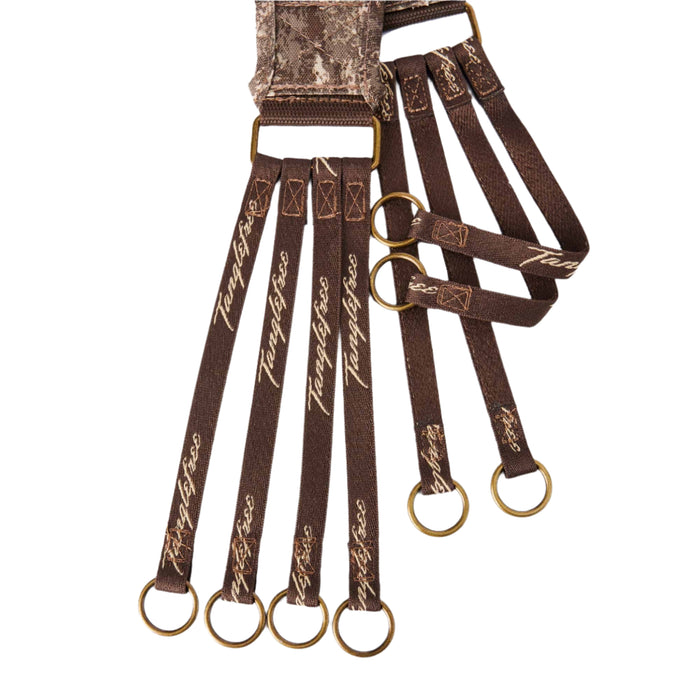 Brown camouflage waterfowl lanyard with multiple dark brown straps embroidered with 'Tanglefree' and antique brass rings.