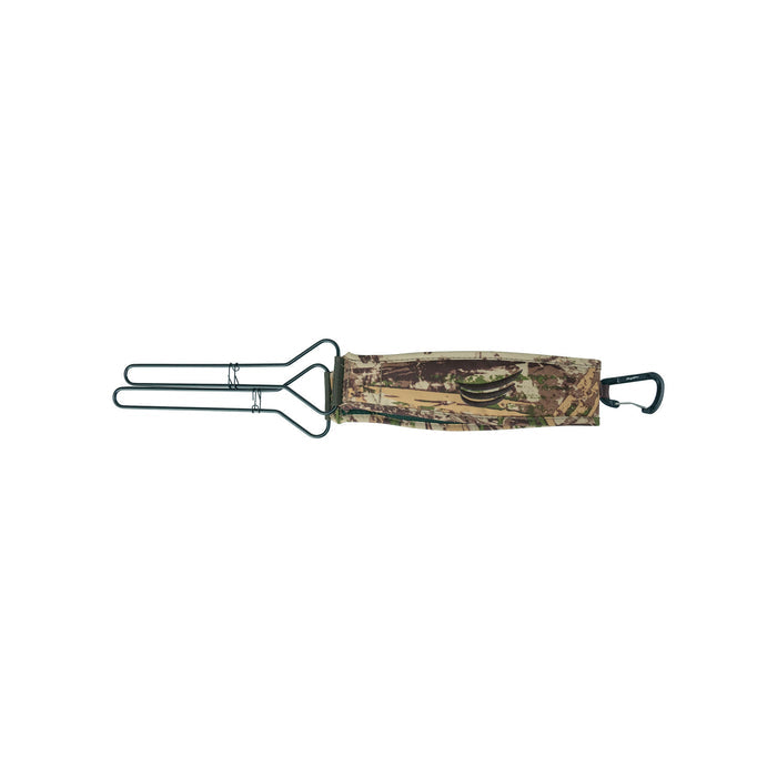 Camouflage call lanyard with black metal call holders and a black carabiner.