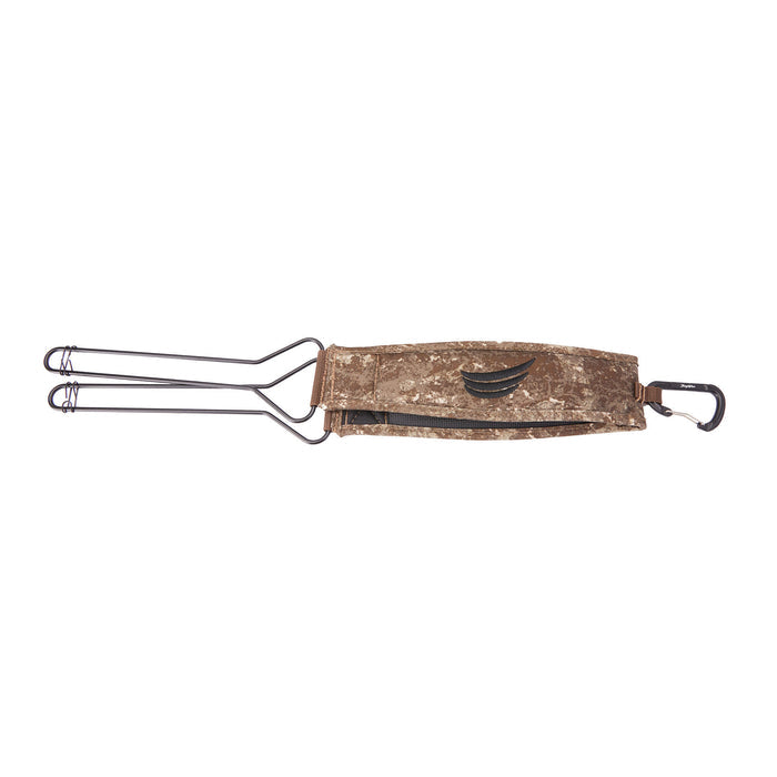 Brown camouflage game strap with three dark metal loops, a black wing logo, a zipper, and an attached carabiner.
