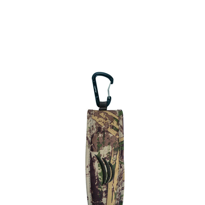 Camouflage game strap with a black carabiner and a black three-claw logo on the front.