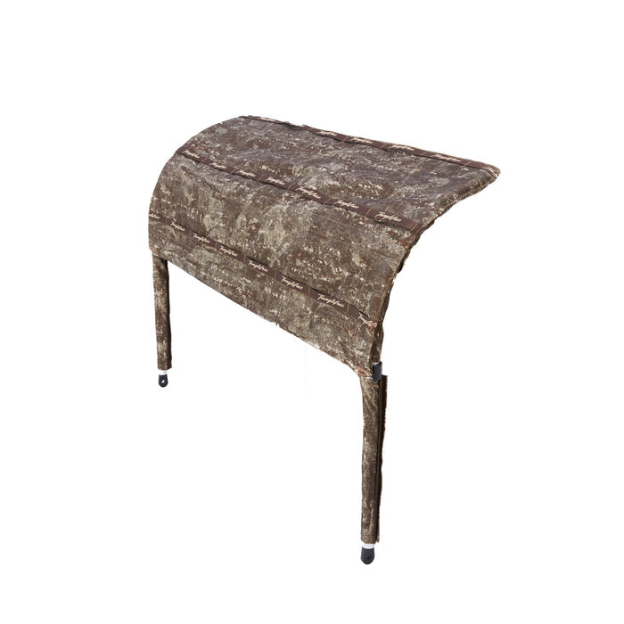 Curved camouflage cover with brown 'Tanglefree' branded straps and two black-capped legs.
