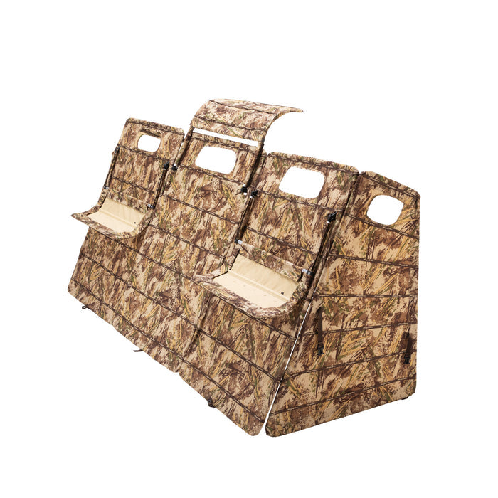 Brown and green camouflage multi-panel hunting blind featuring two integrated beige seats, four viewing windows, and a curved top panel.