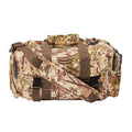 Brown and green camouflage duffle bag with brown webbed carry handles, a detachable shoulder strap, zippered side pockets, and a crescent logo.