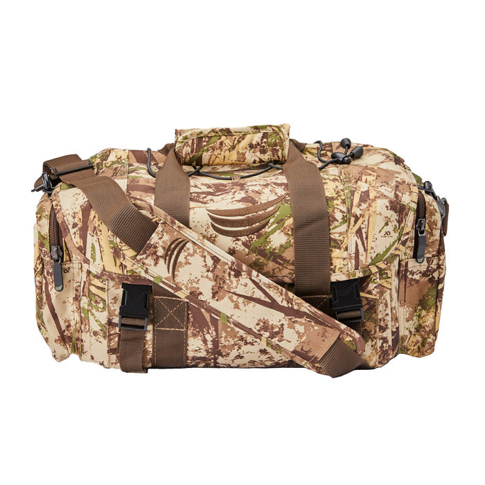 Brown and green camouflage duffle bag with brown webbed carry handles, a detachable shoulder strap, zippered side pockets, and a crescent logo.