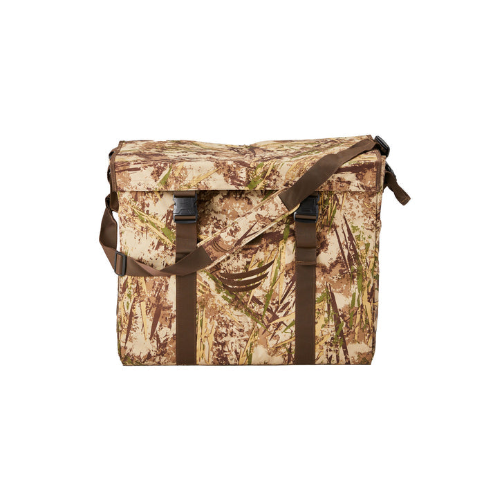 Camouflage outdoor shoulder bag with a front flap secured by two brown buckle straps and an adjustable shoulder strap.