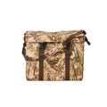 Camouflage outdoor shoulder bag with a front flap secured by two brown buckle straps and an adjustable shoulder strap.