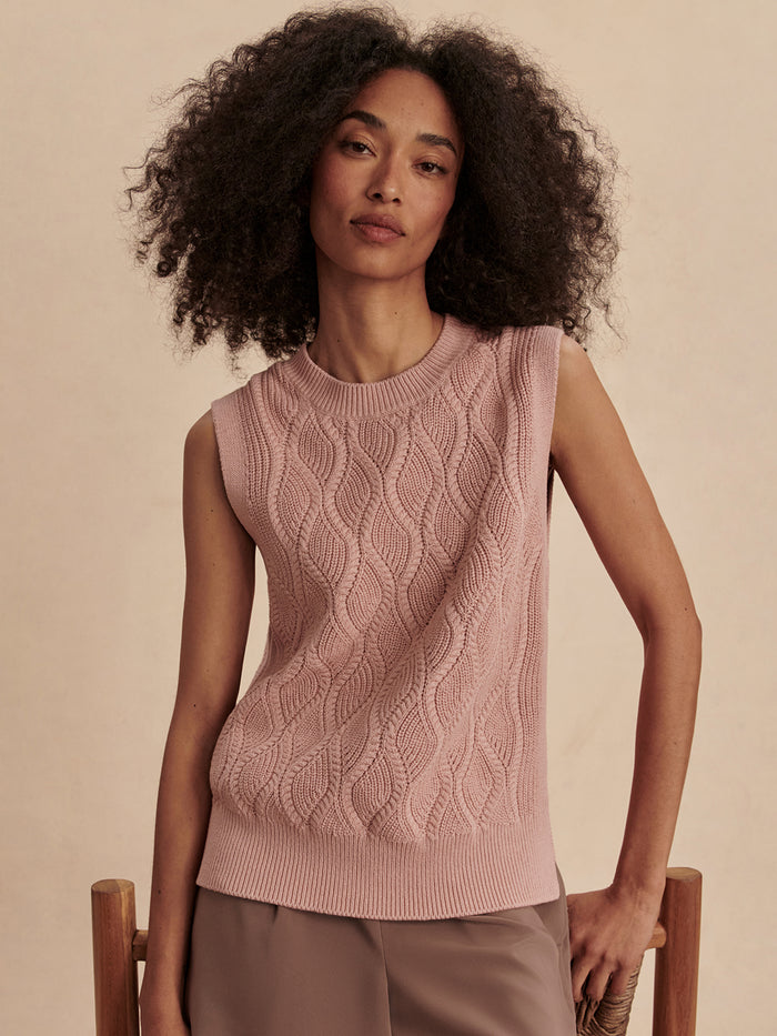 Misty Rose|Teller Longline Knit Tank in Misty Rose: soft textured knit with a longline silhouette and modern cable stitching.