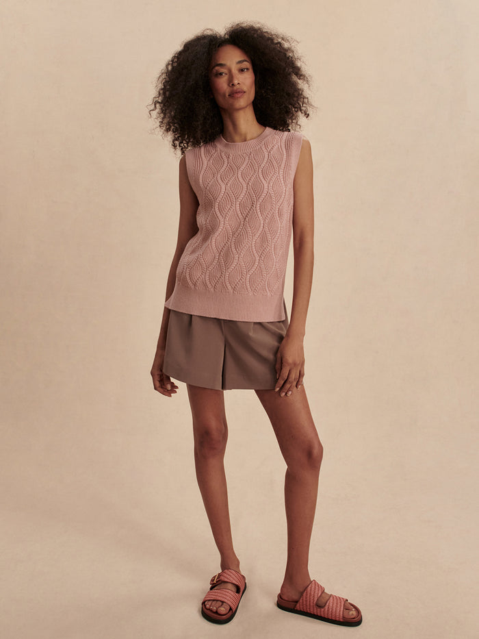 Misty Rose|Teller Longline Knit Tank in Misty Rose, sleeveless knit top with a relaxed, elongated silhouette.