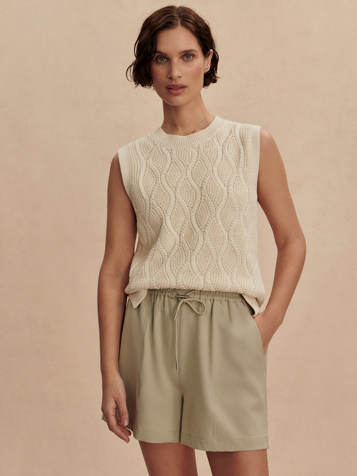 Birch|Teller Longline Knit Tank Birch, sleeveless knit top in Birch color with a relaxed, longline silhouette.